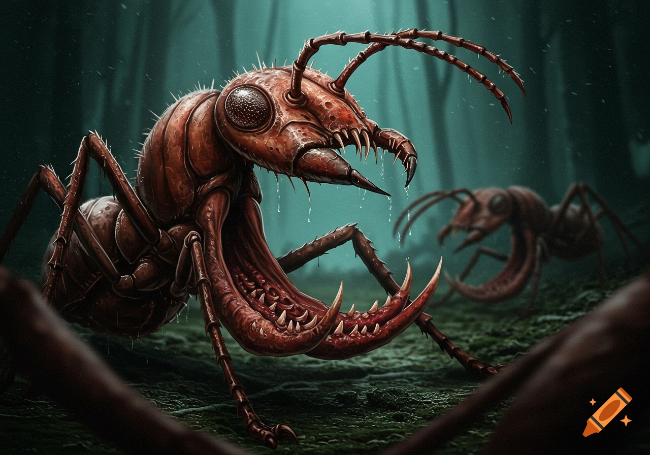 Detailed depiction of a large, monstrous red ant-like creature with sharp teeth and mandibles in a dark, misty environment.