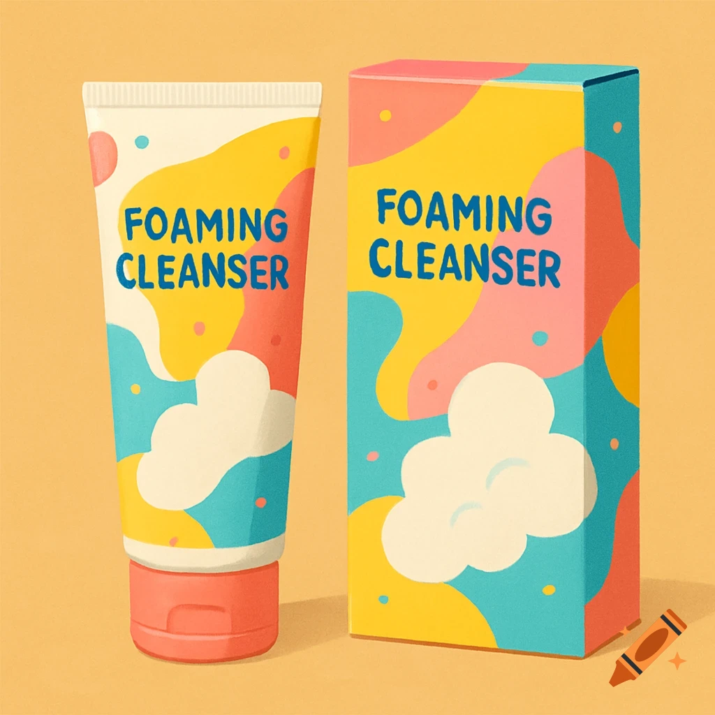 Digital illustration of a tube and box for foaming cleanser in bright, abstract colors.