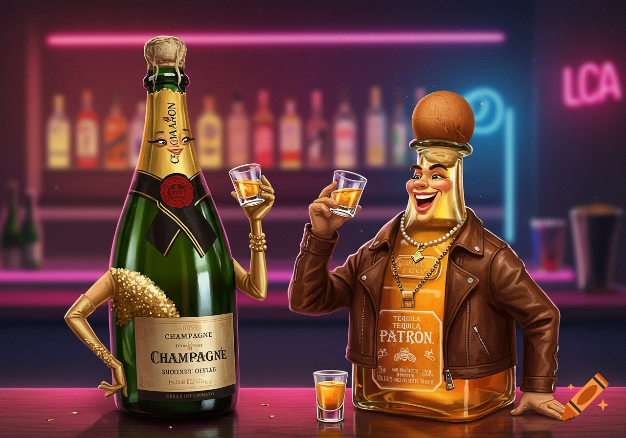 Anthropomorphic champagne and tequila bottles holding shot glasses at a bar.
