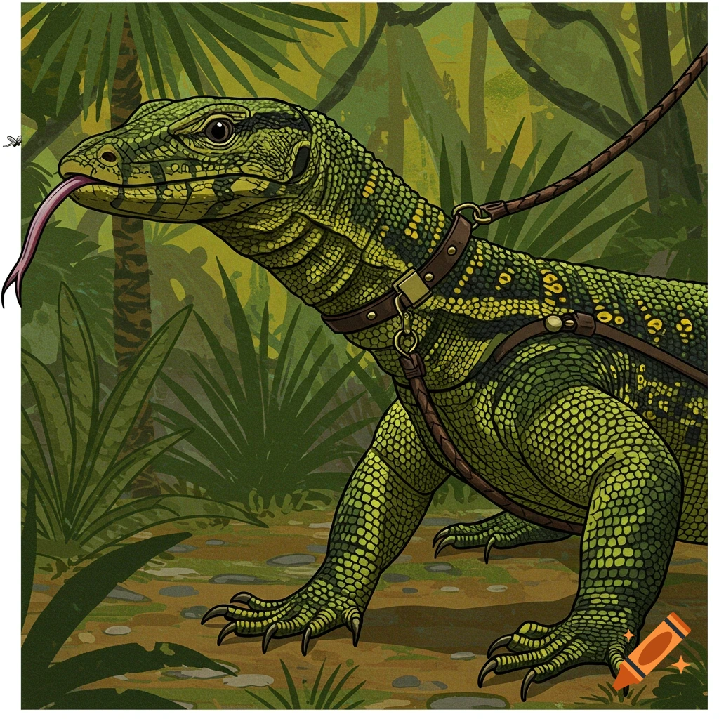 A green monitor lizard wears a leash in a jungle.