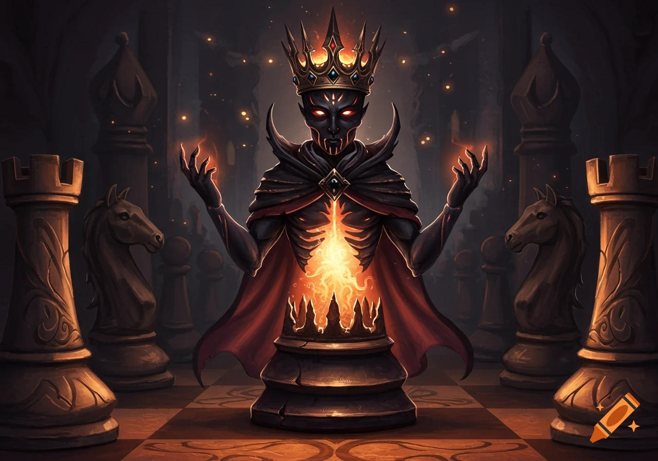 A dark fantasy king figure with glowing eyes and fire, standing on a chessboard surrounded by large chess pieces.