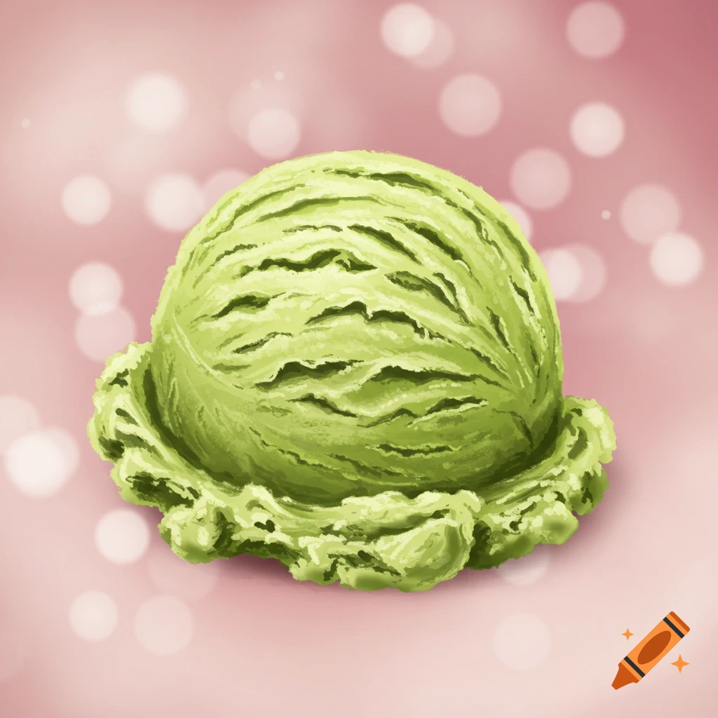 A green scoop of ice cream on a pink background with bokeh lights.