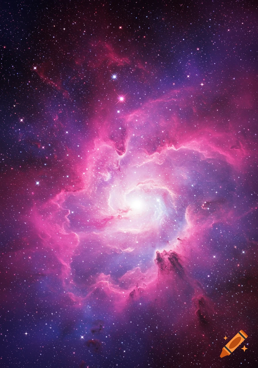 A colorful swirling galaxy with stars and nebulas in pink, purple, and blue tones.