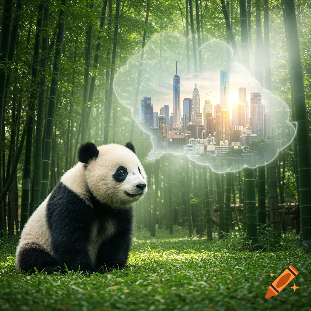 A baby panda sits in a bamboo forest, dreaming of a cityscape in a thought bubble.