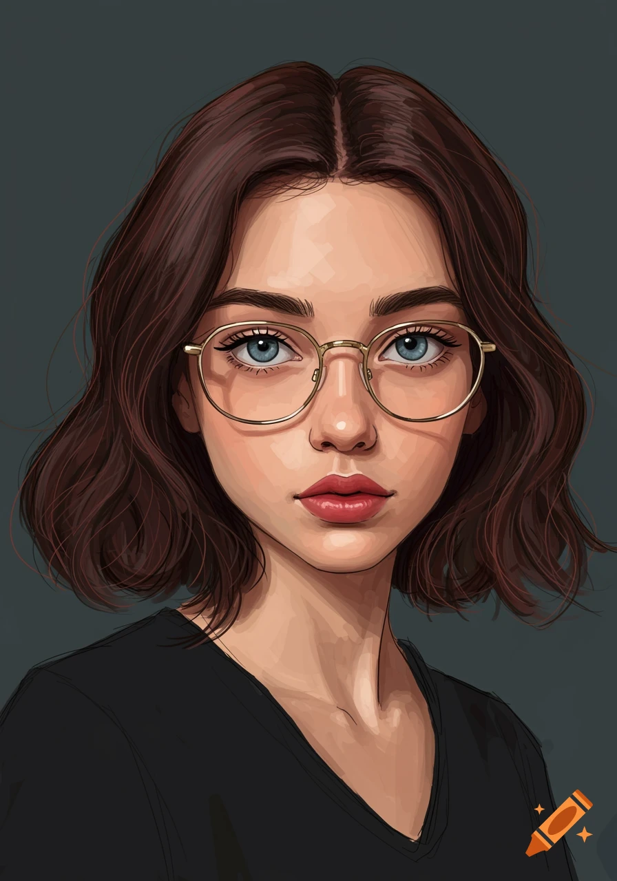 A portrait of a young woman with glasses and short brown hair