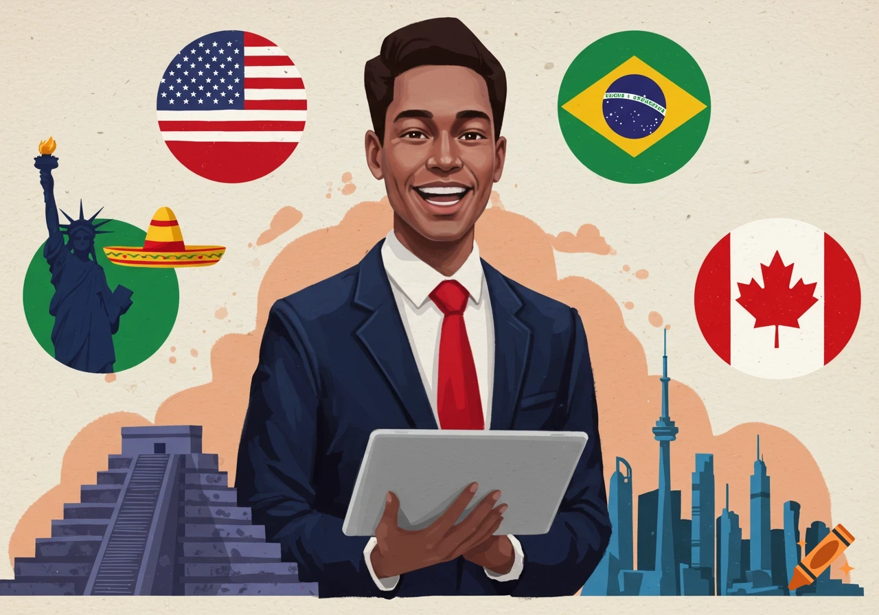 A man in a suit holds a tablet, surrounded by flags and landmarks representing multiple countries.