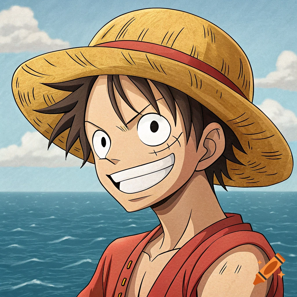 A close-up anime portrait of Monkey D. Luffy smiling widely in his straw hat against an ocean background.