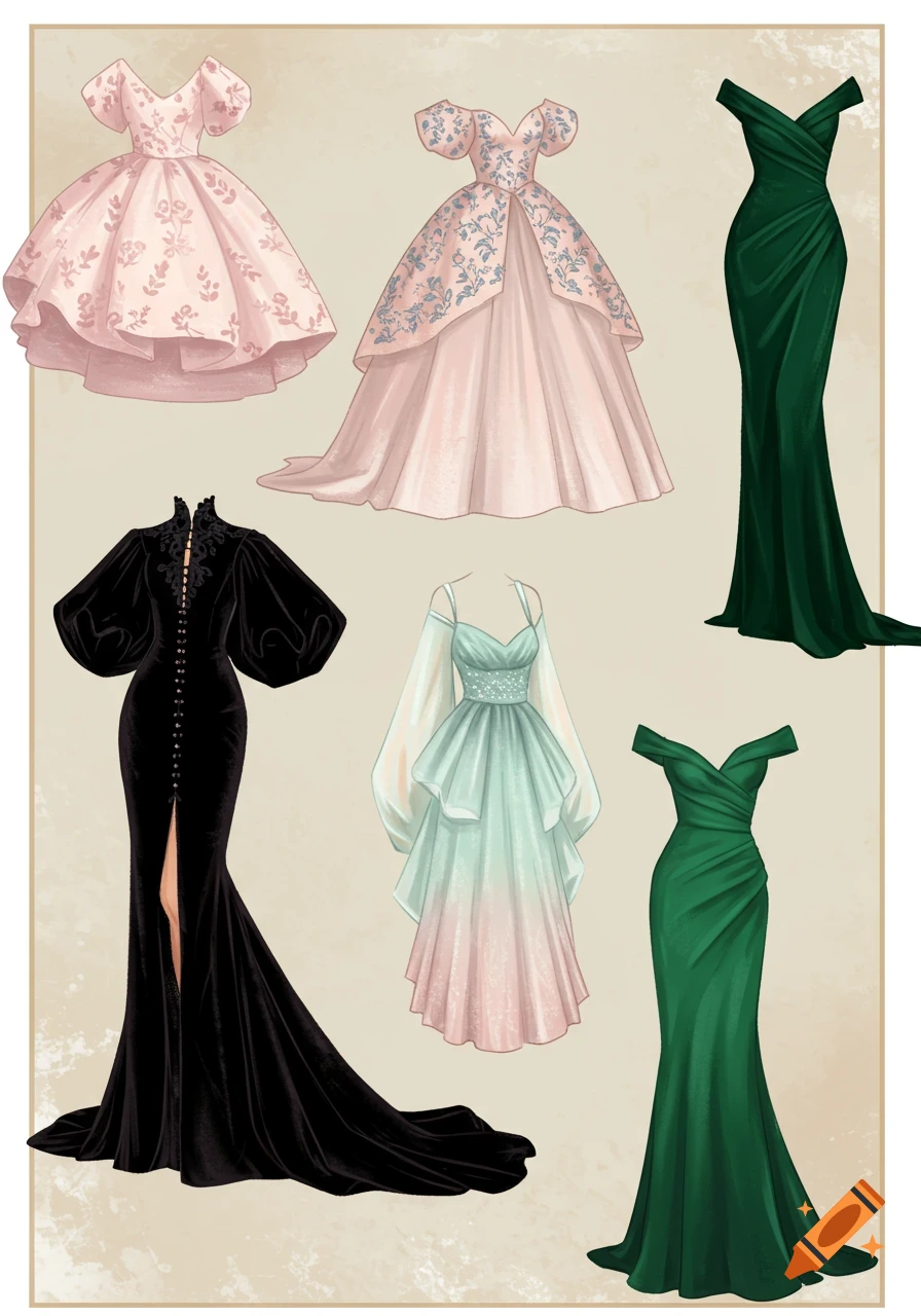Six elegant dresses in various styles.