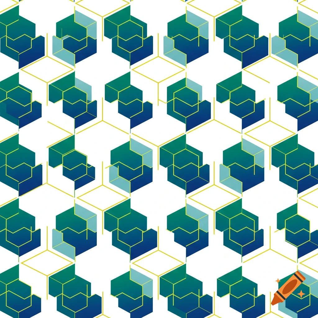 A seamless pattern of blue and green geometric shapes outlined in yellow on a white background.