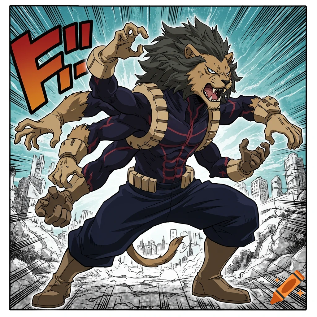 Multi-armed lion character in hero suit in anime style city scene