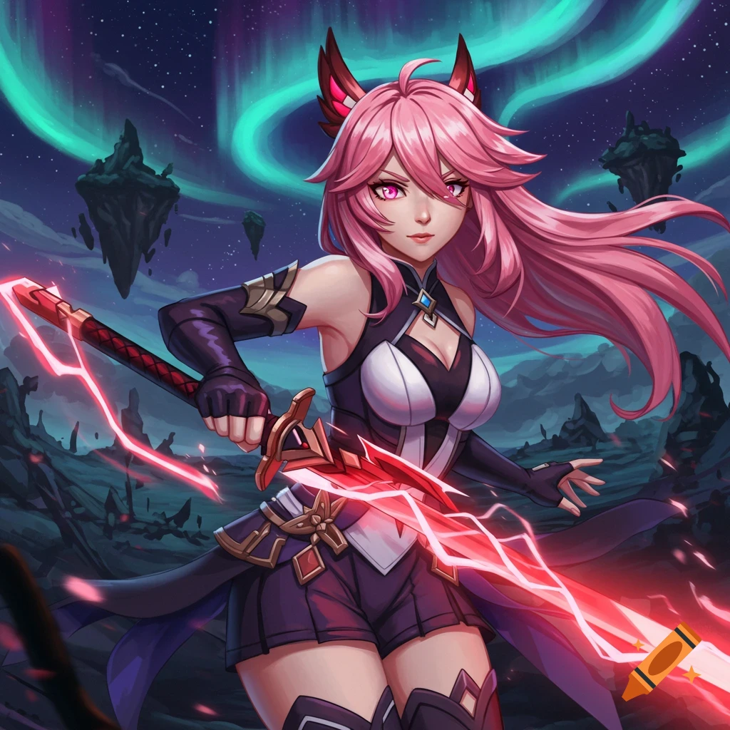 A pink-haired woman with fox ears holds a glowing red sword in a fantasy landscape with floating islands and aurora.