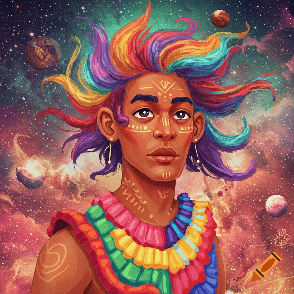 A person with rainbow spiky hair and colorful clothes in a space background with planets.