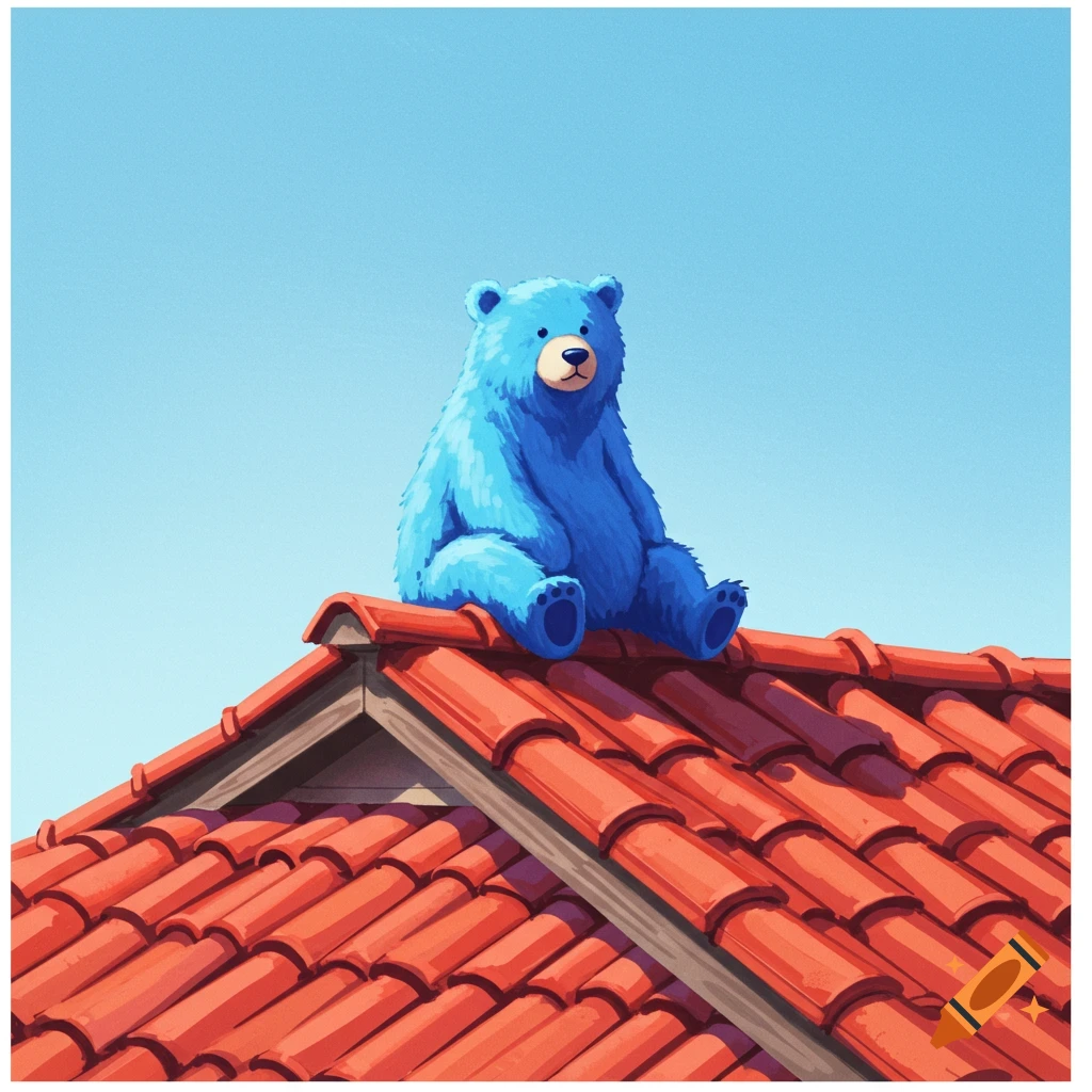 A blue bear sits on a red tiled roof under a blue sky.