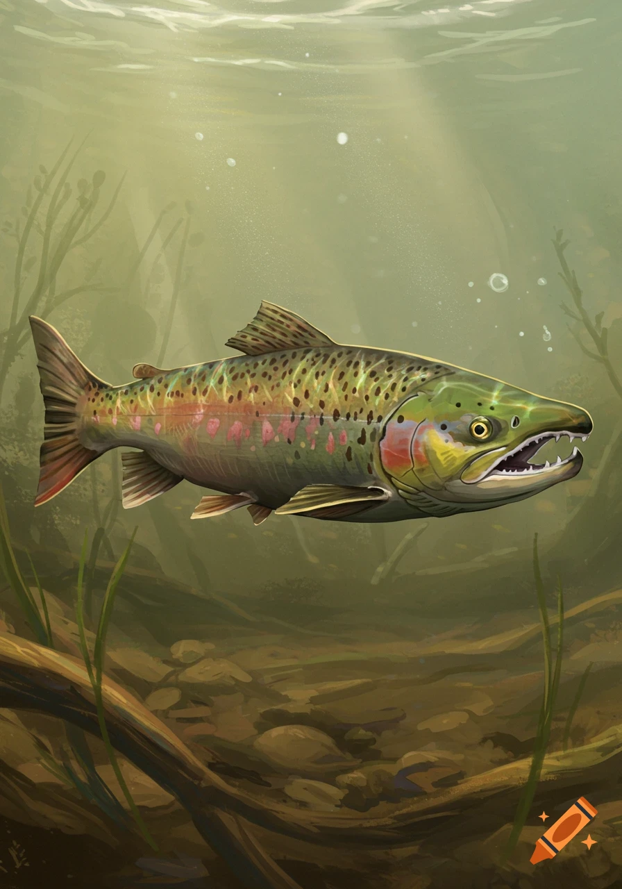 A detailed depiction of a large fish swimming underwater.