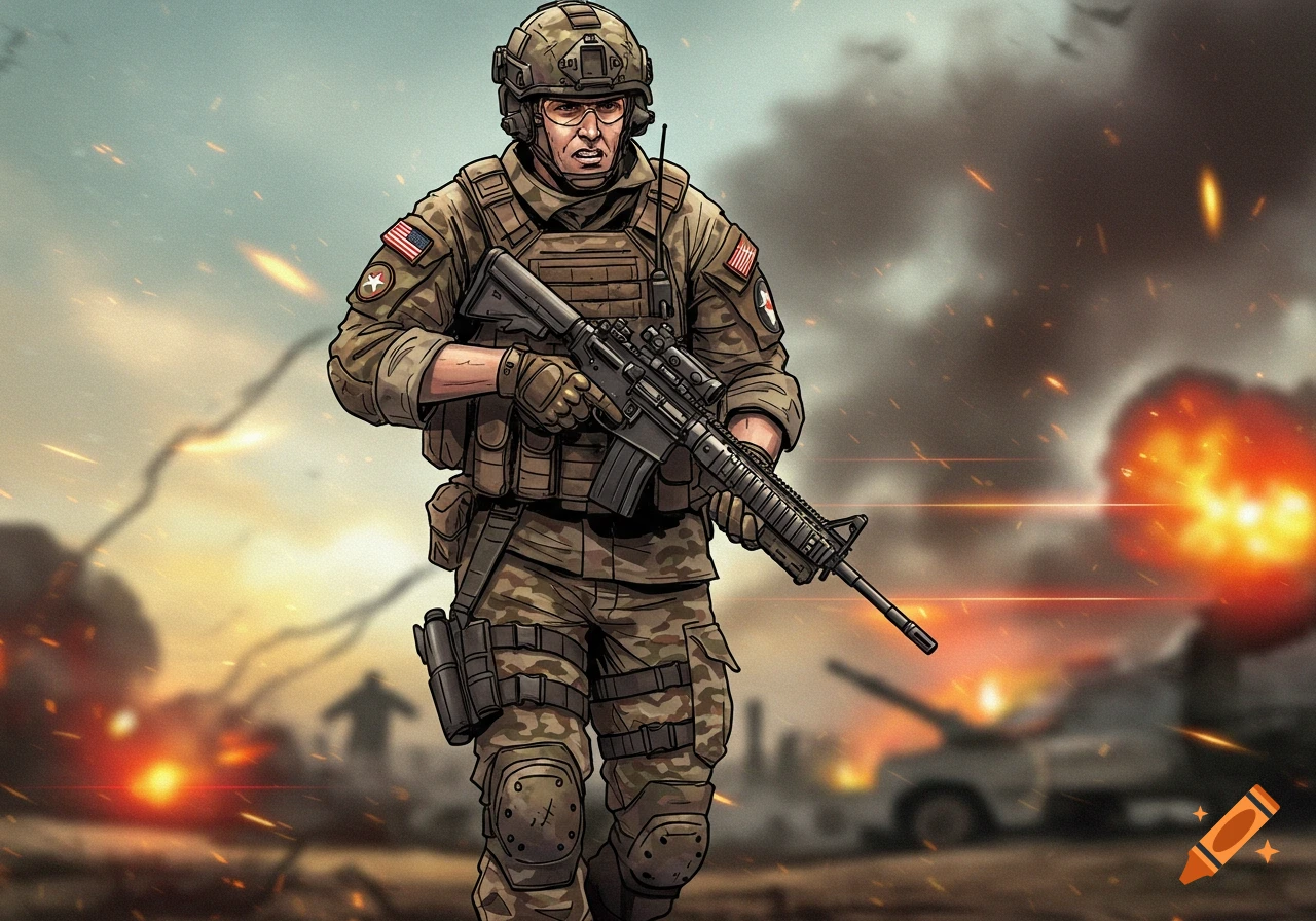 A soldier with a rifle walks through a smoky battlefield with explosions