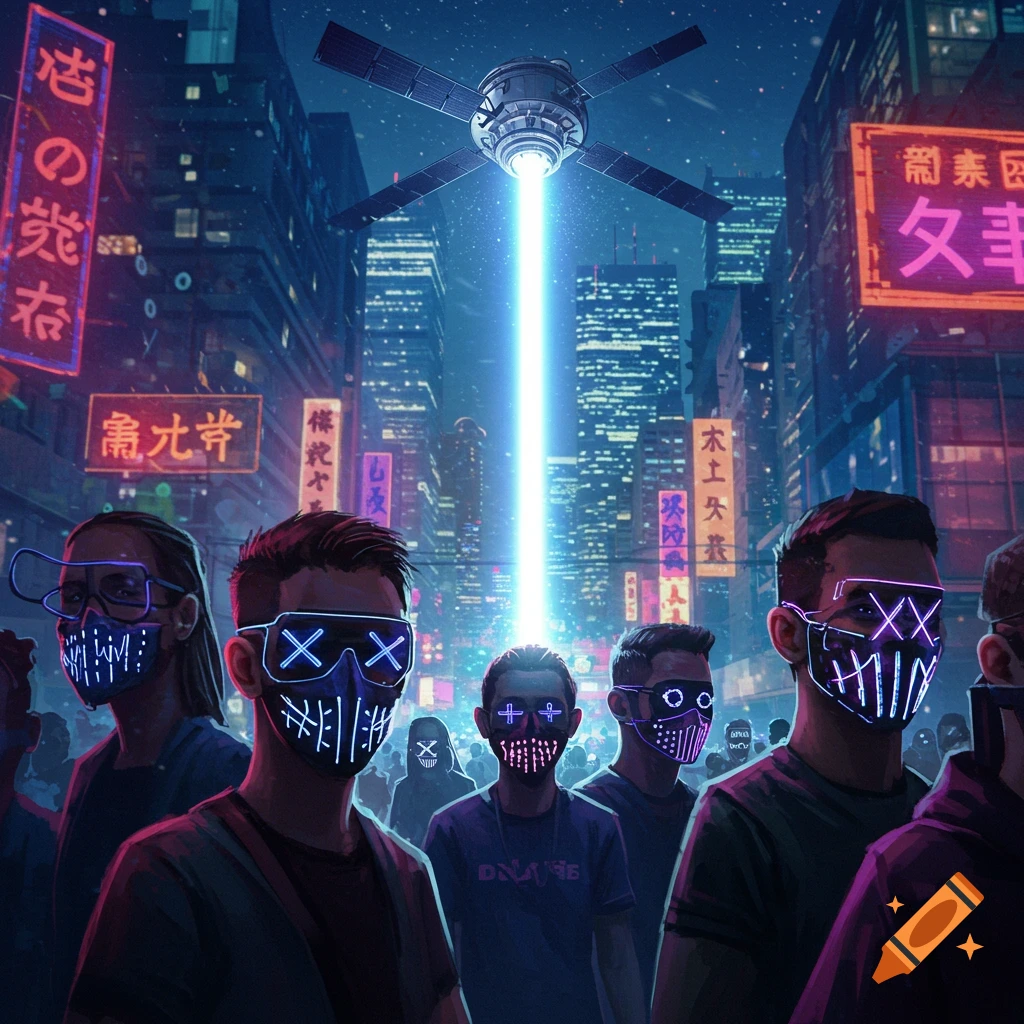 People in a futuristic city wearing light-up masks, with a satellite beaming light down.