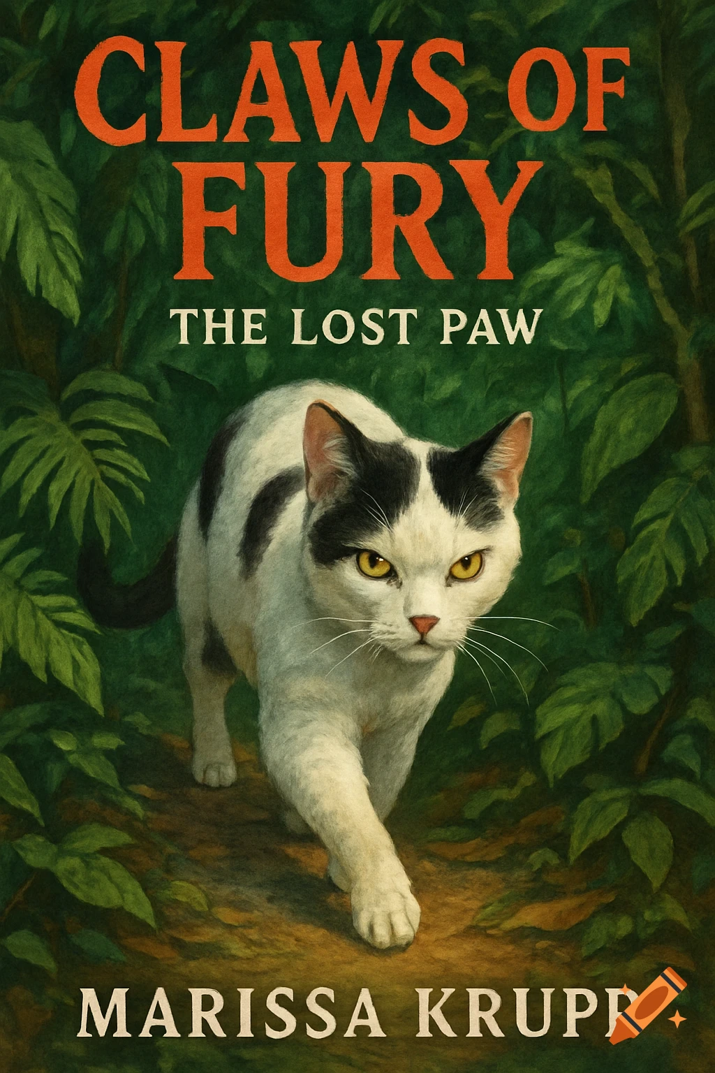 Illustration of a white cat with black spots walking out of a jungle on a book cover titled Claws of Fury, The Lost Paw.