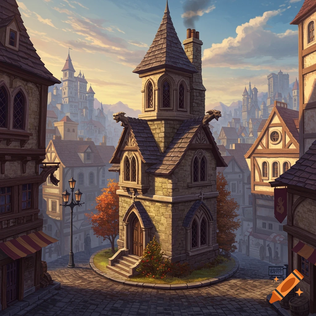A stone building with a spiked roof and gargoyles stands in a fantasy city street.