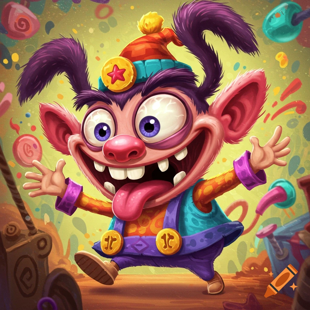 A cartoon creature with large eyes and tongue sticking out wears a festive hat and overalls.