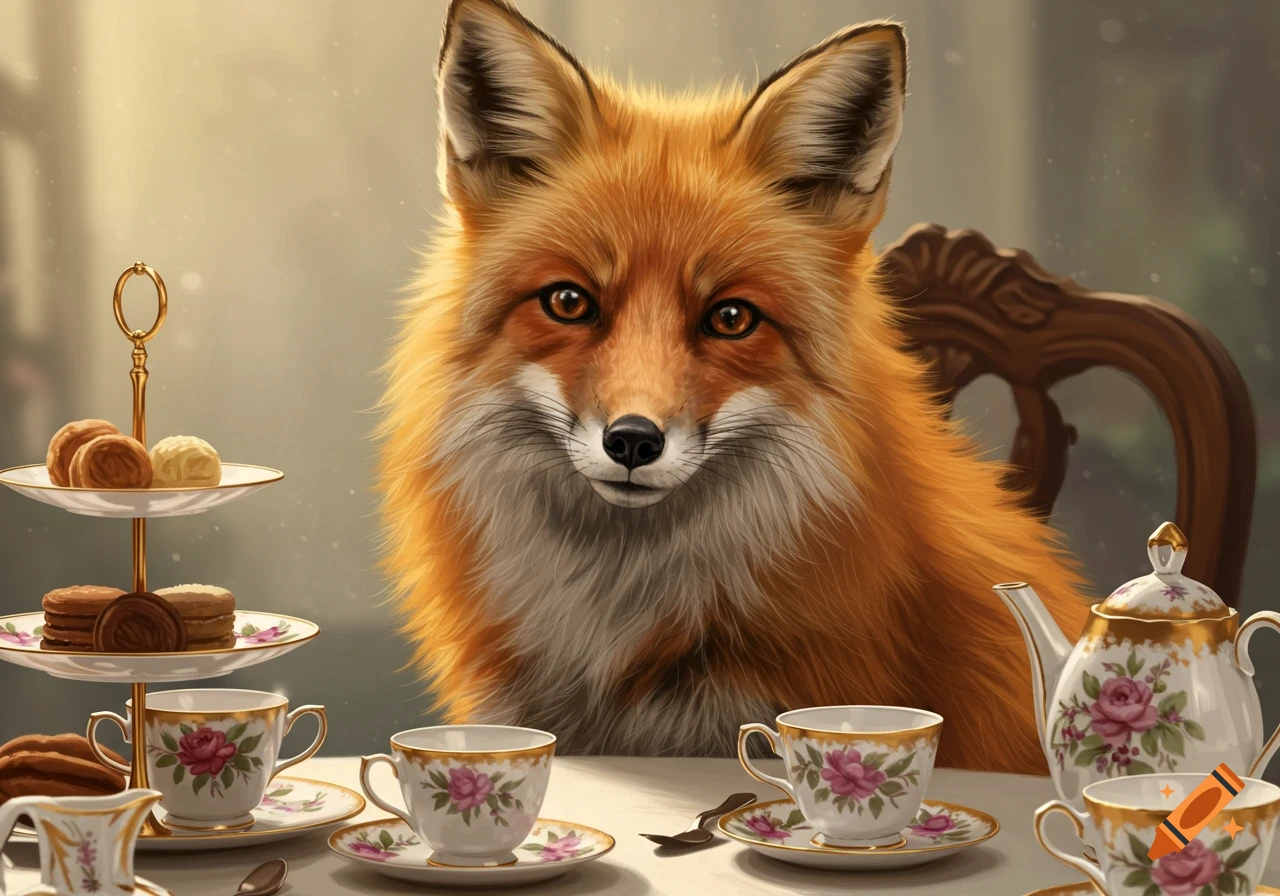 A fox having tea at a table.