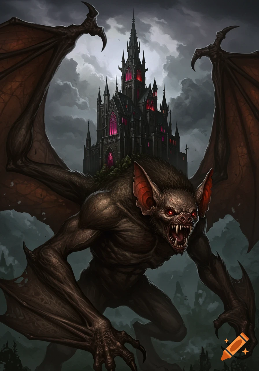 A large bat monster with red eyes stands in front of a dark gothic castle under a stormy sky.