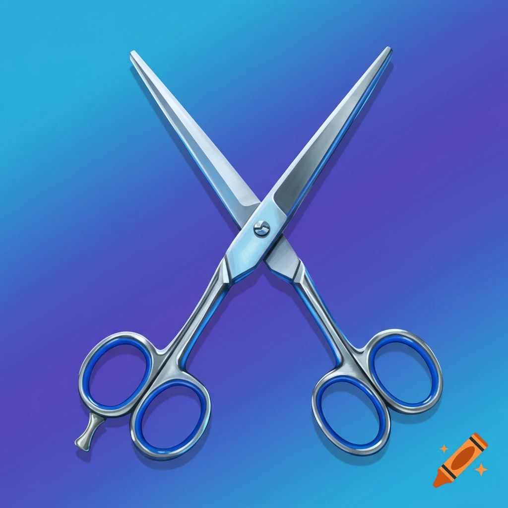 Crossed scissors with blue handles on a blue and purple background.