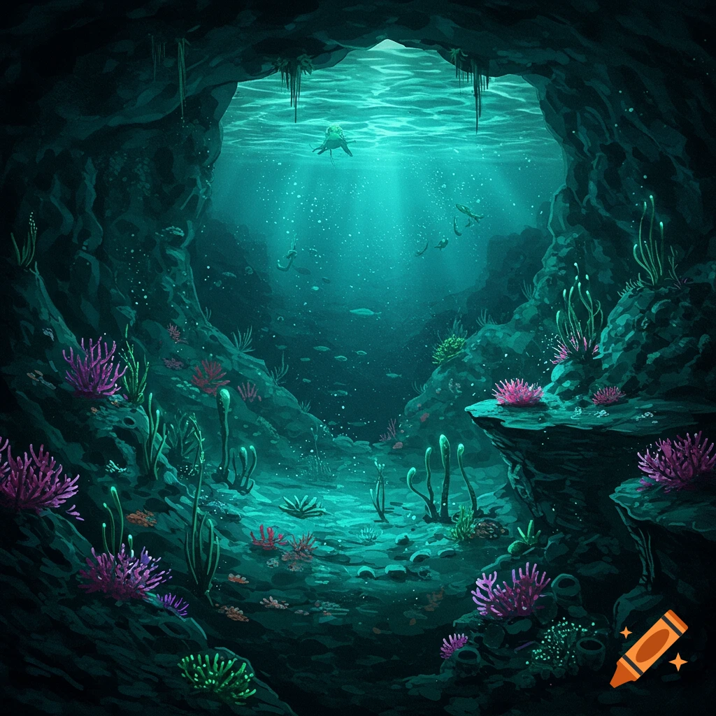 An underwater cave looking out to open water with marine life.