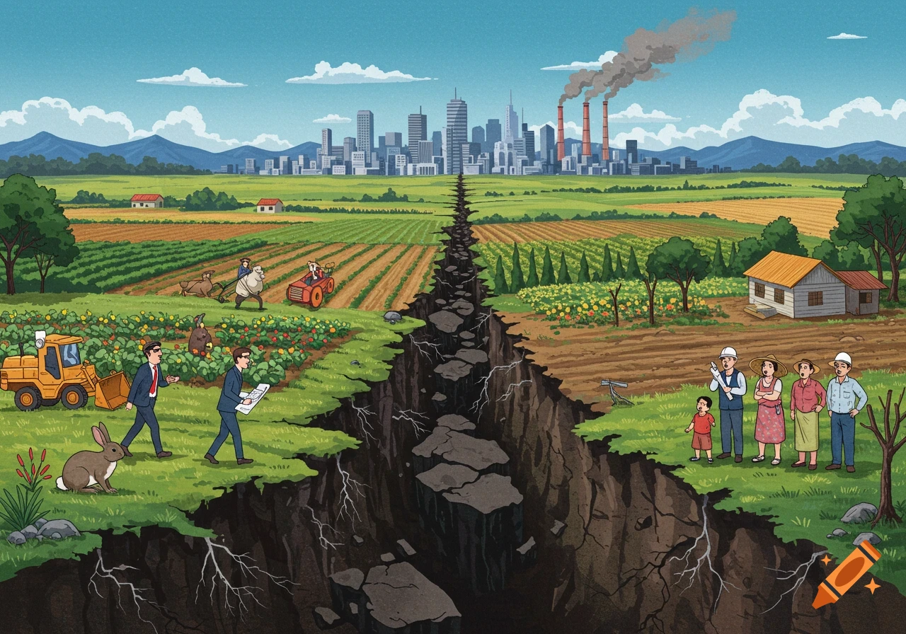 Illustration of cracked earth separating a city skyline and businessmen from farmers and a rural home.
