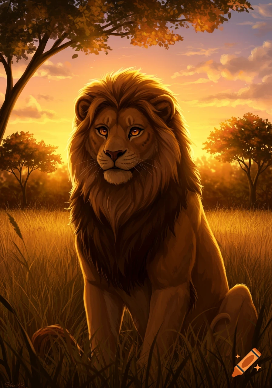 A lion sits in tall grass at sunset.