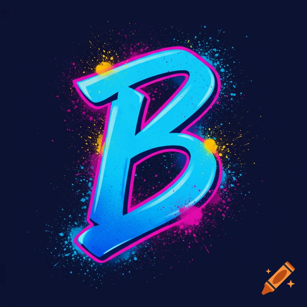 Stylized blue letter B with pink outline and paint splatters