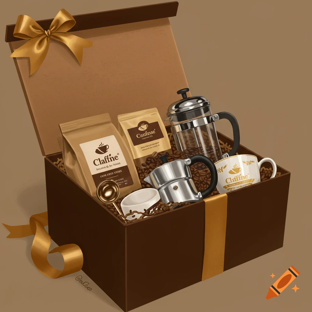 A coffee gift box with coffee bags, a French press, a moka pot, a mug, and coffee beans, tied with a gold ribbon.