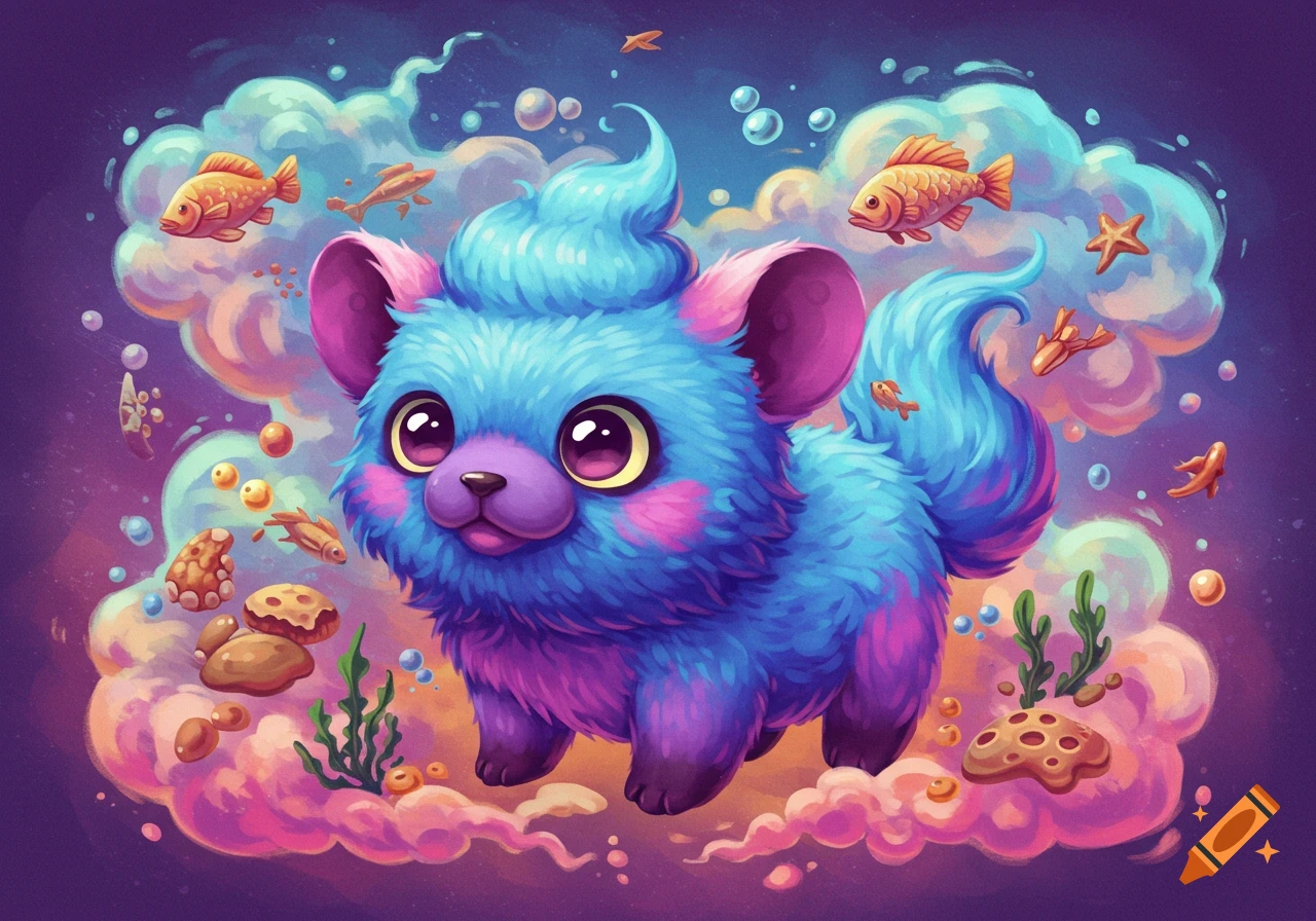 A cute fluffy blue and purple fantasy creature floats among fish, bubbles, and clouds in a colorful, whimsical painting.