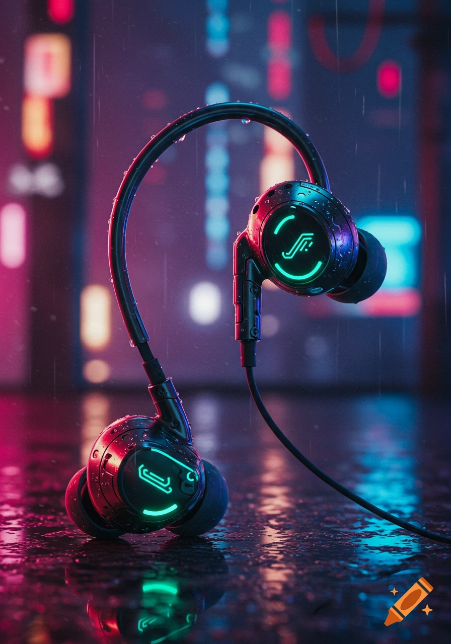 Futuristic cyberpunk earbuds on wet ground in the rain with neon city lights.