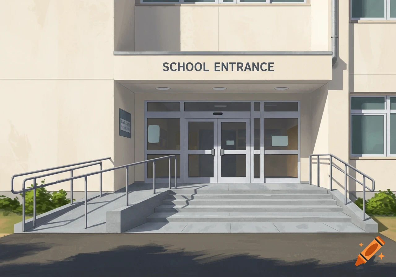 A school entrance features stairs and a ramp leading to glass doors.