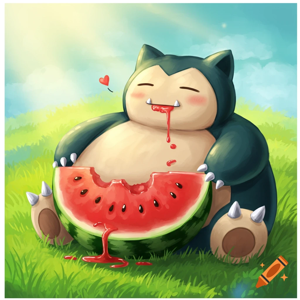 Snorlax happily eating a large slice of watermelon in a grassy field.