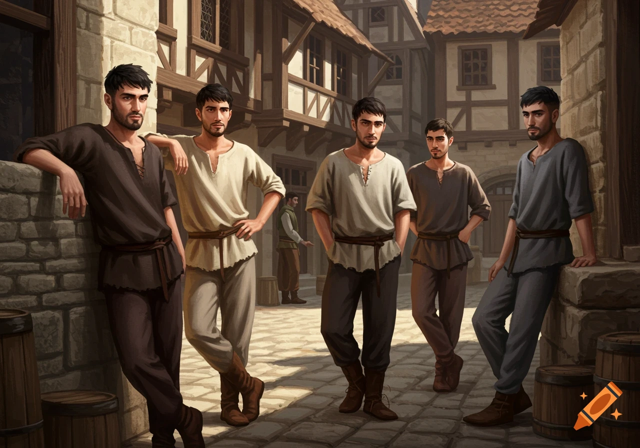 Five young men in medieval clothing stand and lean in a sunlit village street.