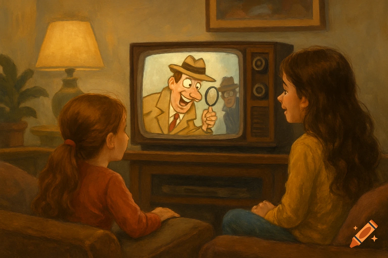 Two girls watch a silly cartoon detective on an old television.