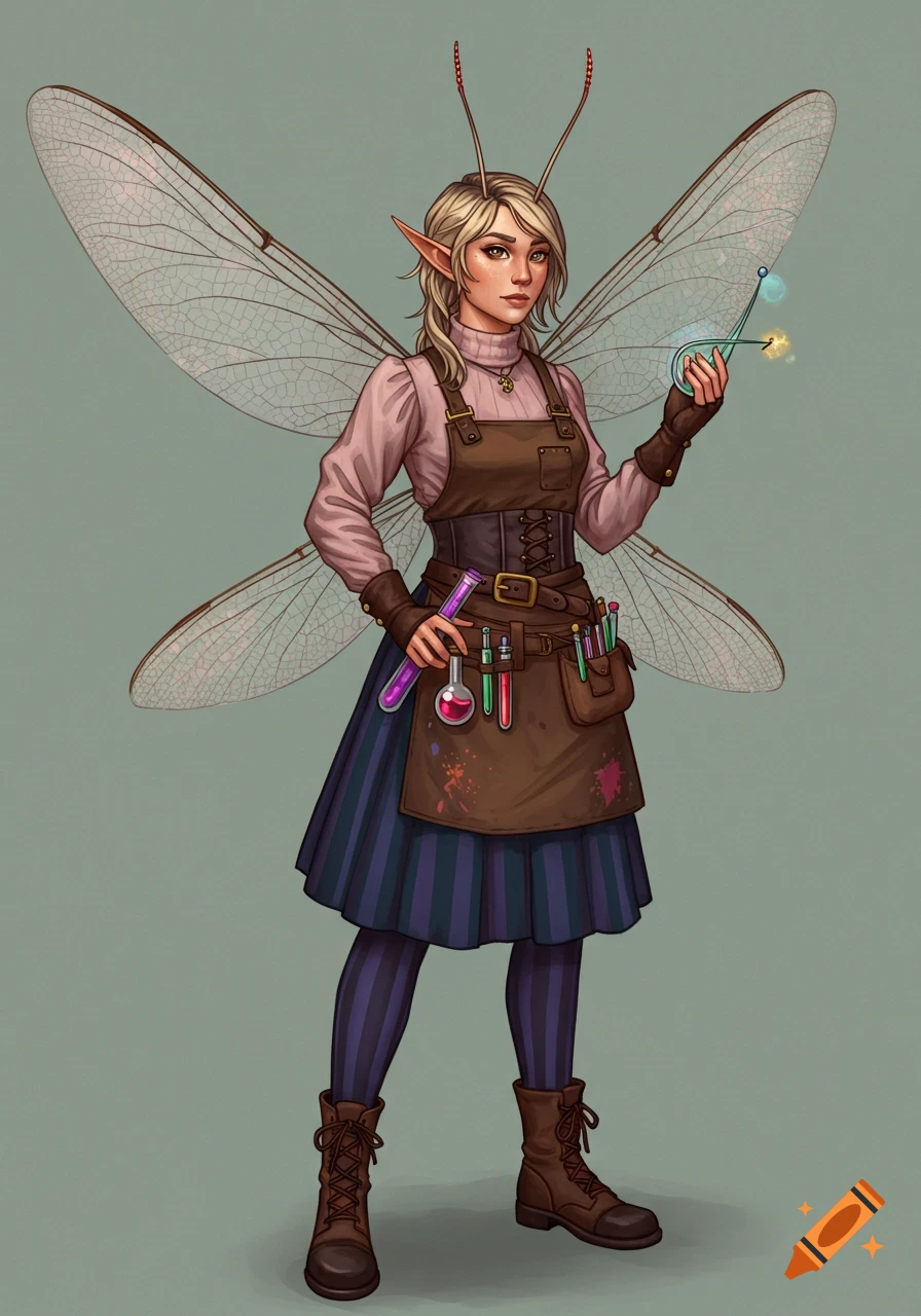 Fantasy alchemist with dragonfly wings and antennae, holding vials.