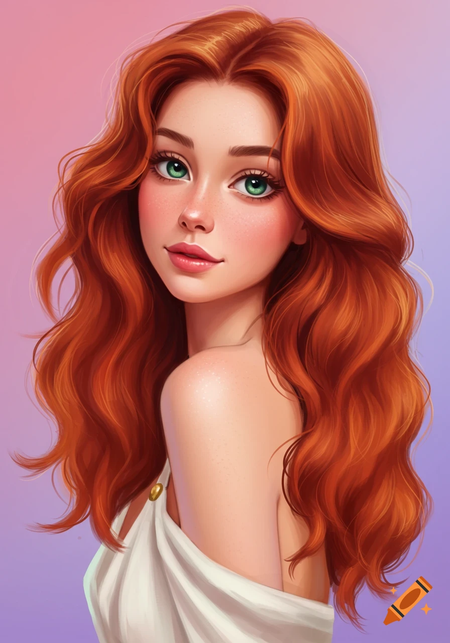 A portrait of a young woman with long red hair and green eyes.