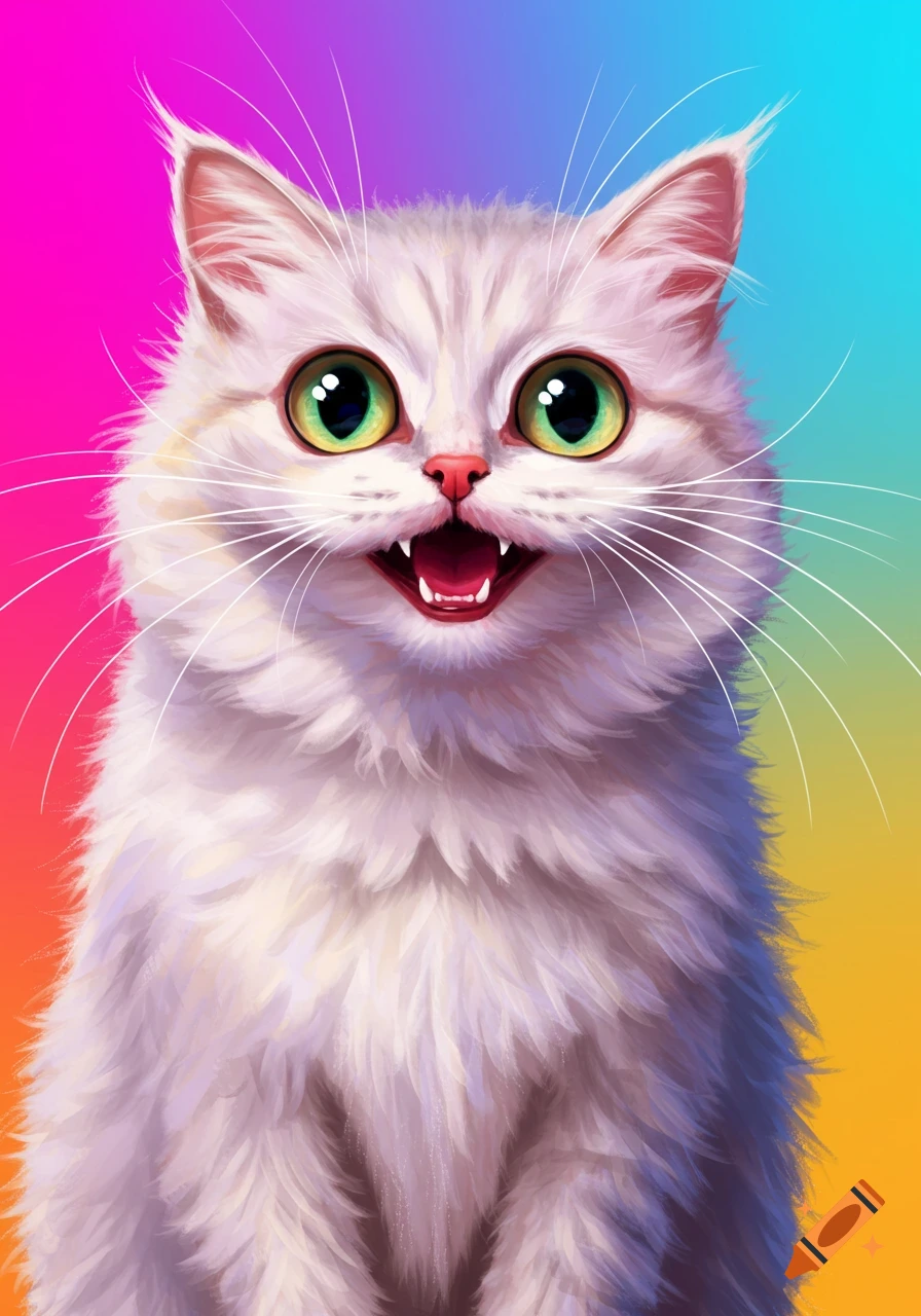 A wide-eyed white cat with a rainbow background