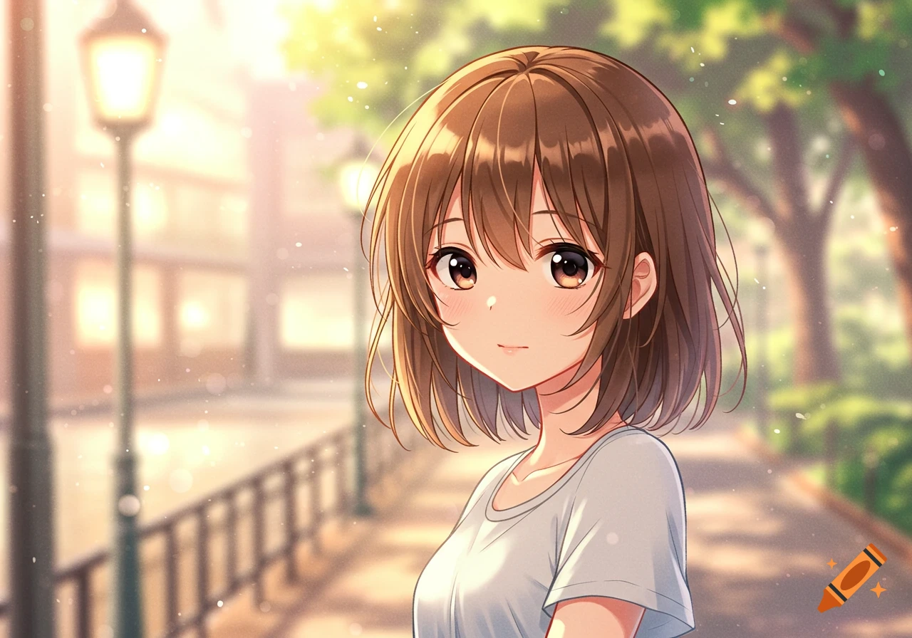 Anime girl with brown hair smiling in a park.