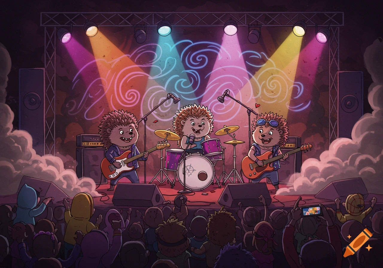 Cartoon hedgehogs play rock music on stage with colorful lights and smoke.