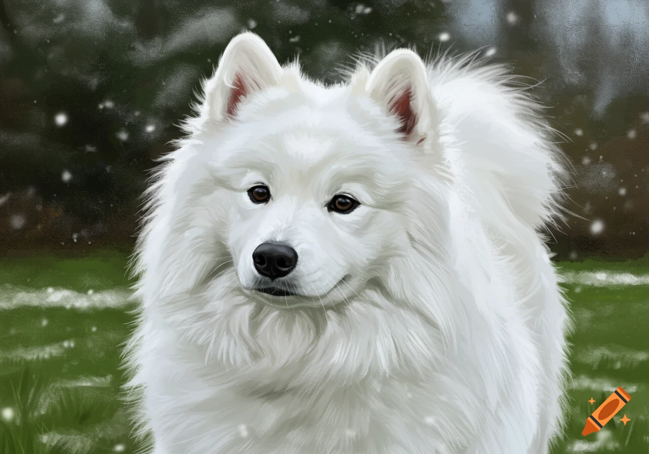 A fluffy white Samoyed dog in a snowy, grassy field.