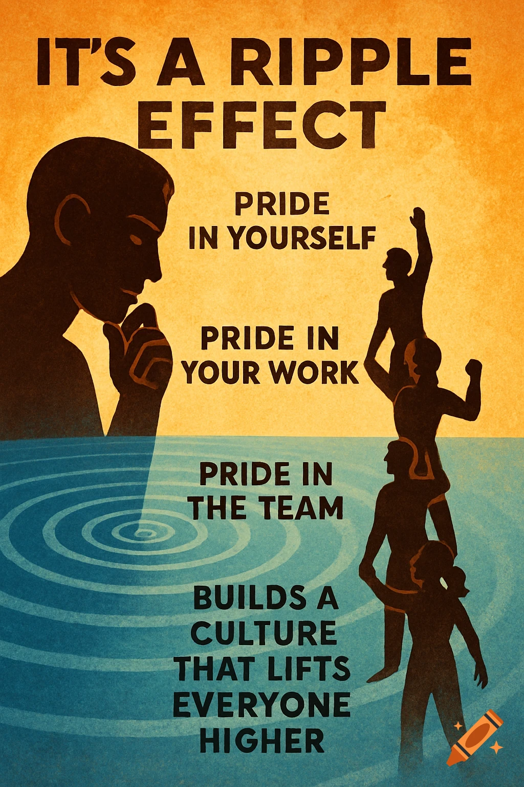 Graphic design poster with motivational text, silhouettes of a thinking person by water, and a human pyramid.