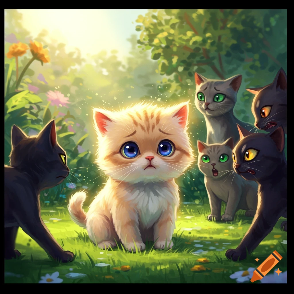 A sad-looking orange kitten sits in a garden surrounded by other cats.