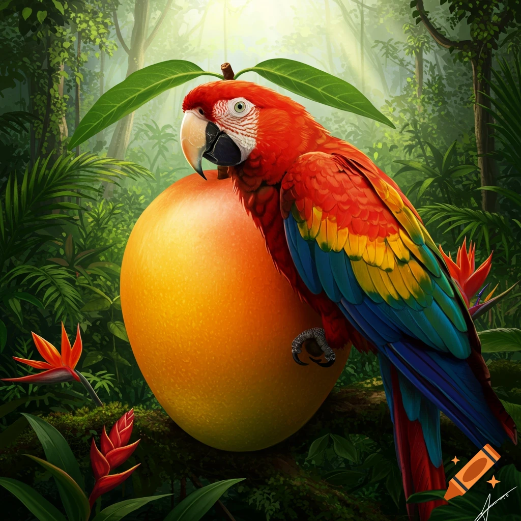 Colorful macaw parrot next to a giant mango in a sunny rainforest.