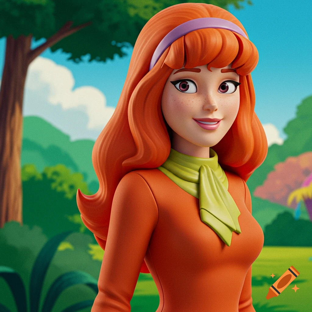 A stylized portrait of Daphne from Scooby-Doo with orange hair and green scarf smiling in a cartoon forest background.