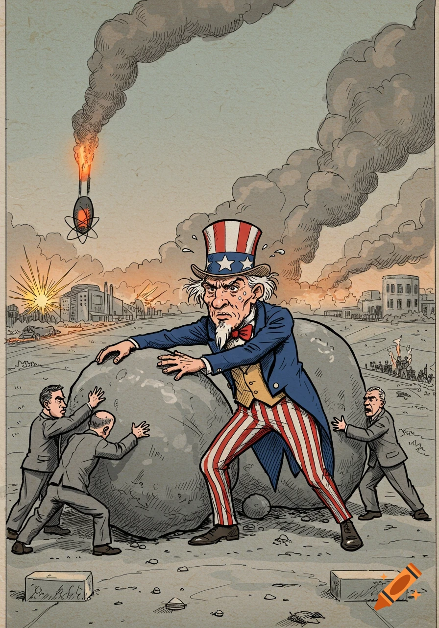 Political cartoon of Uncle Sam and two men pushing a boulder as explosions and smoke fill the background.