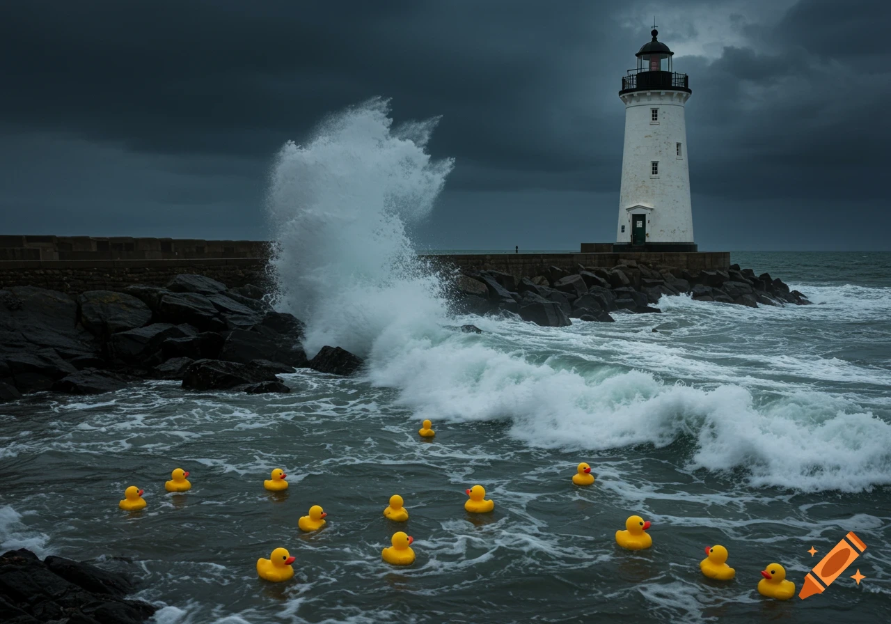 Photorealistic image of rubber ducks floating in choppy water near a lighthouse and rocky pier during a storm with large waves.