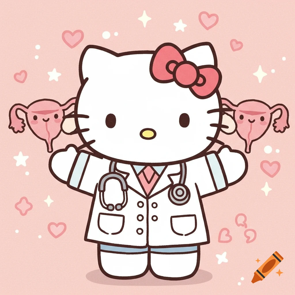 Hello Kitty dressed as a doctor holds cartoon ovaries on a pink background.